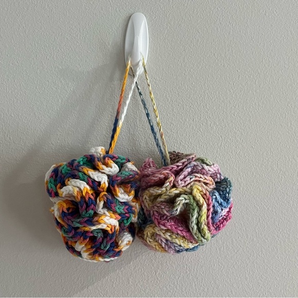 Set of 2 Crochet Pink/Yellow/Blue Eco-Friendly Bath Loofahs with Hanging Loop - Picture 2 of 10